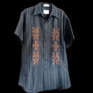 Franky Max Seersucker Embroidered & Striped Black & Brown Button Down Medium